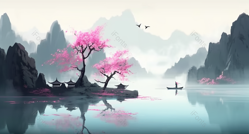 在湖面上划船水墨手绘背景图,插画/手绘图,插画/手绘图库,插画/手绘图下载,插画/手绘
